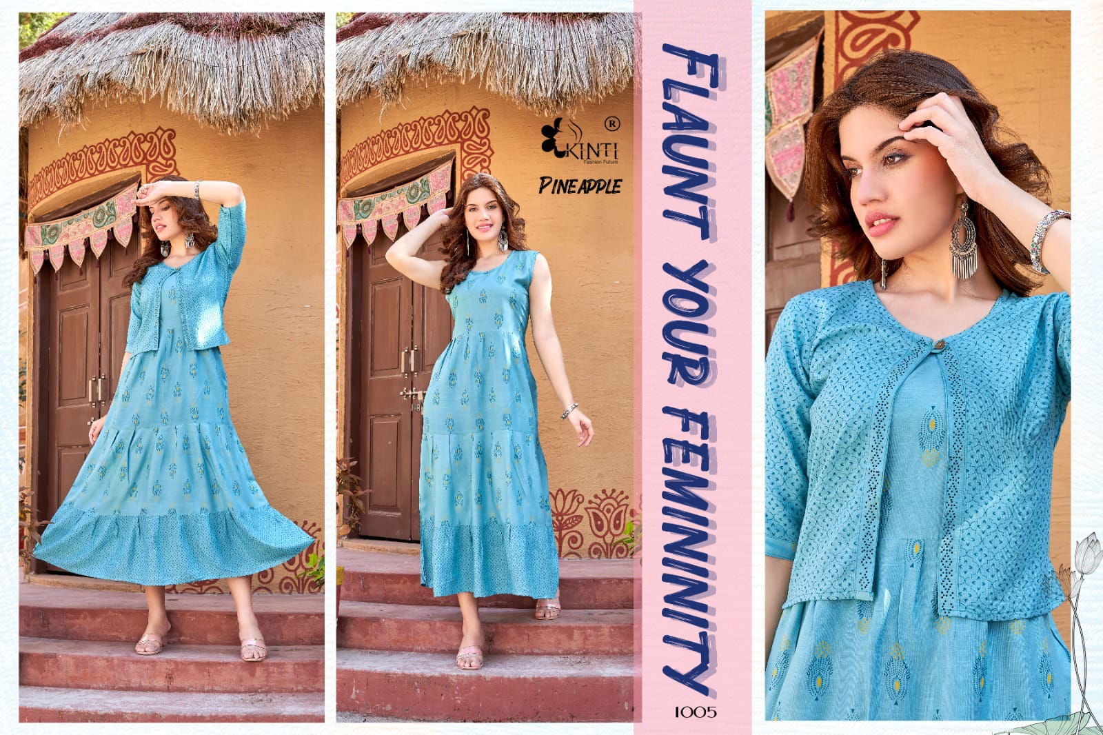 Kinti Pineapple Fancy Ethnic Wear Wholesale Long Kurti With Jacket Catalog